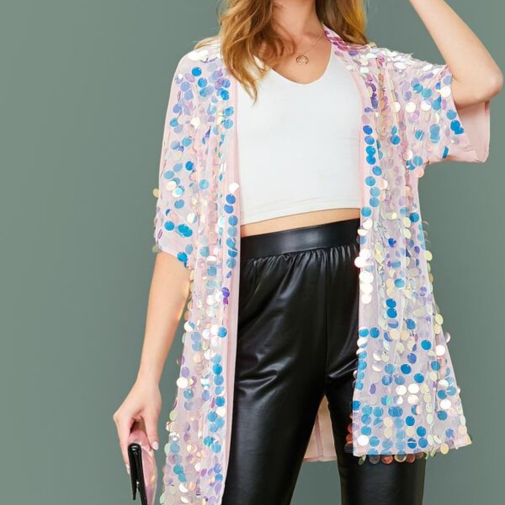 Open Front Sequin Detail Sheer Mesh Kimono